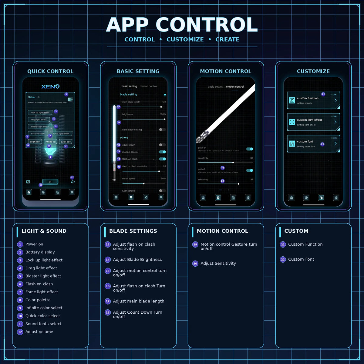 App control interface showing various settings for light, sound, motion, and customization features