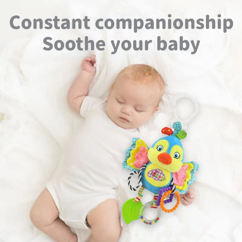 Soft Hanging Baby Rattle with Sensory Cartoon Plush Toy for Stroller and Crib