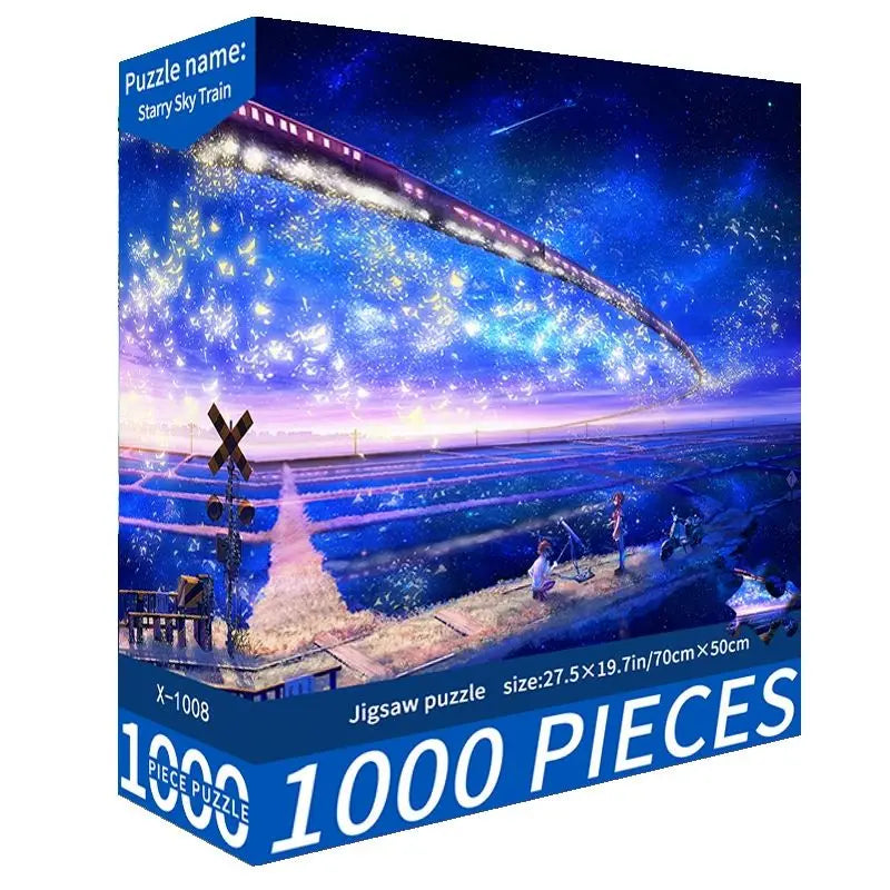A jigsaw puzzle titled Starry Sky Train featuring a night sky scene with a train silhouette against a vibrant blue and purple
