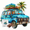 A wooden jigsaw puzzle of a blue vintage jeep with a palm tree on the roof and a brown animal figurine.