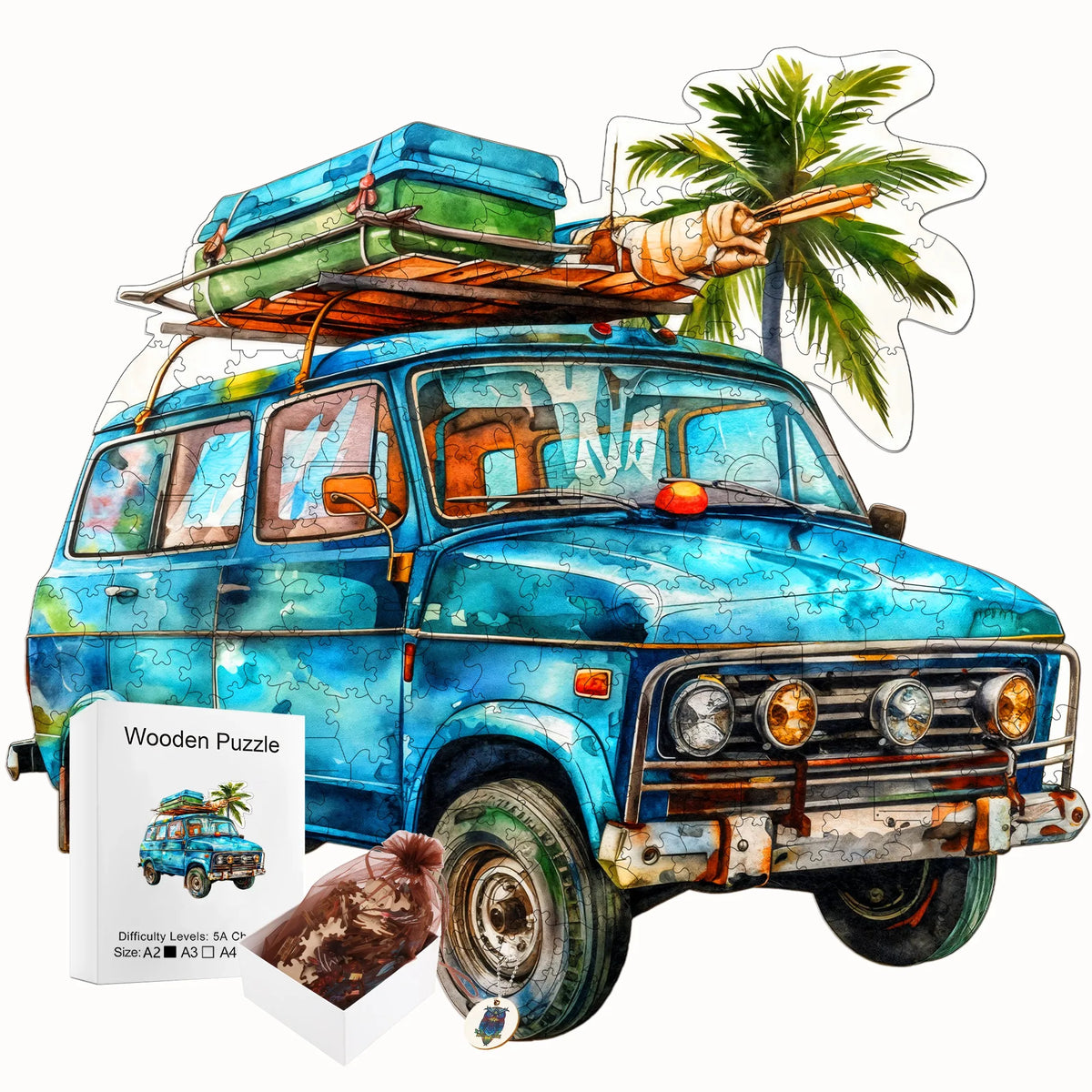 A wooden jigsaw puzzle of a blue vintage jeep with a palm tree on the roof and a brown animal figurine.