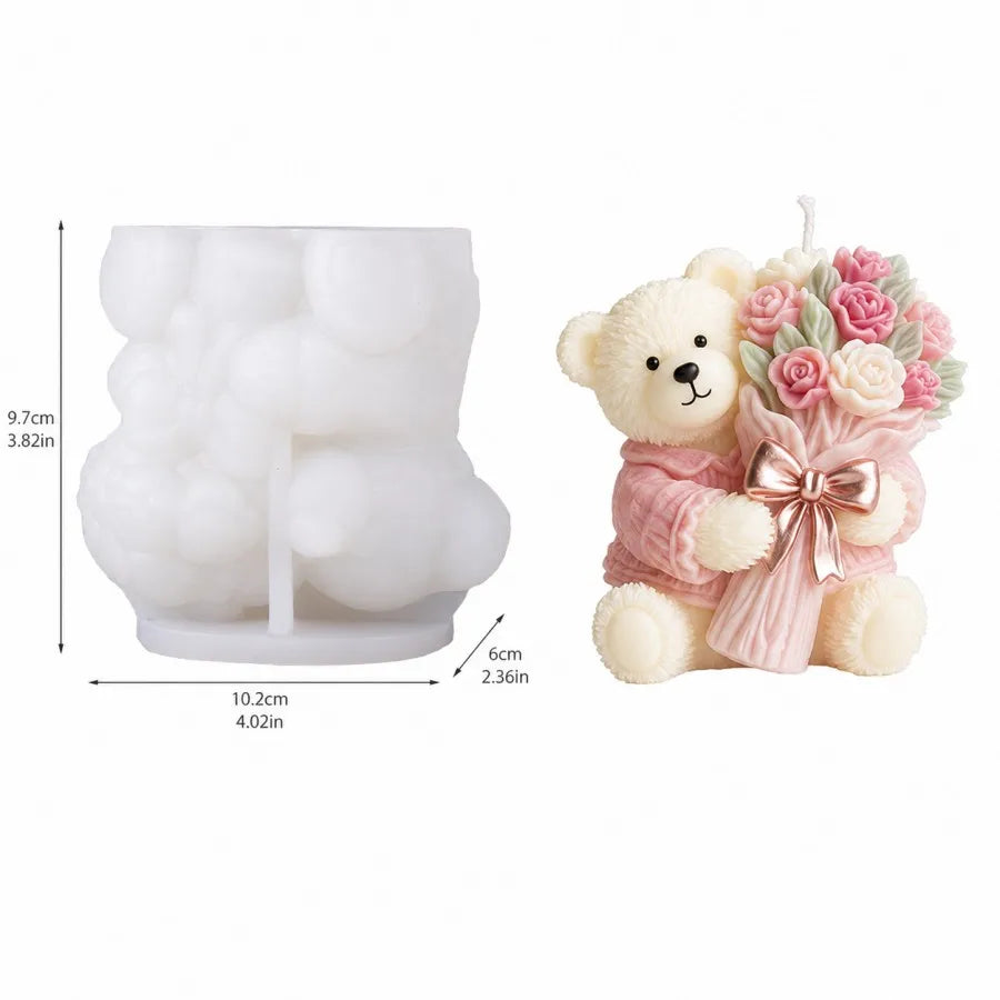 A silicone mold of a cute bear holding a bouquet of pink roses for candles and resin crafts.