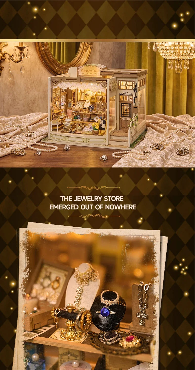 A detailed wooden miniature dollhouse kit featuring jewelry and decorative items displayed in a glass cabinet.