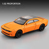 Orange diecast model car of a Dodge Challenger SRT Hellcat in 1:32 proportion.