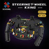 A black steering wheel building blocks set with various components and a digital display for kids.