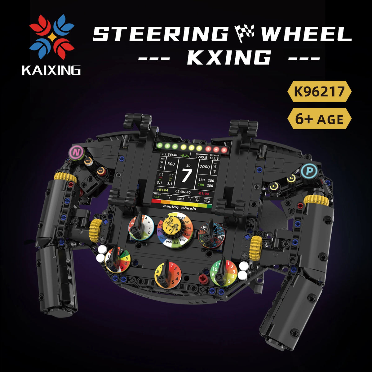 A black steering wheel building blocks set with various components and a digital display for kids.