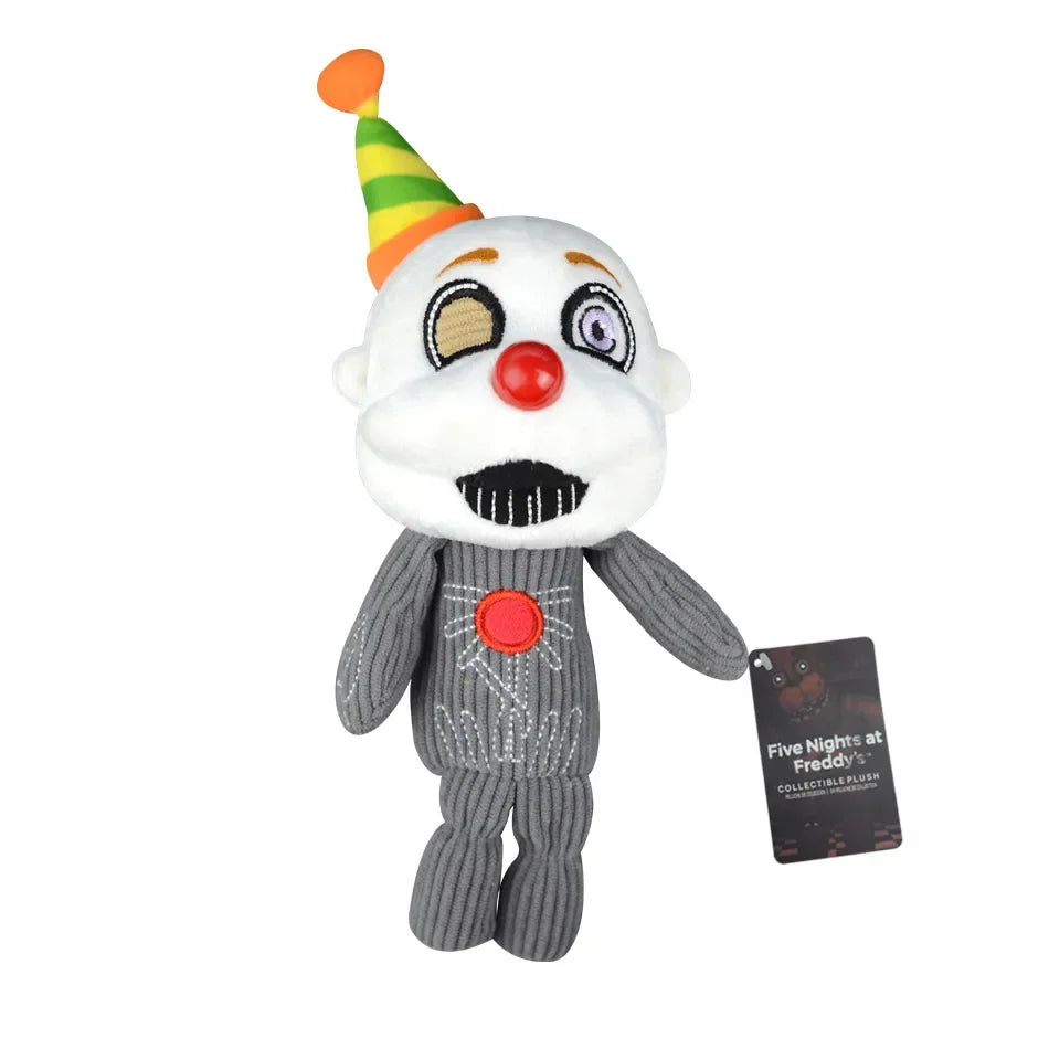 A plush toy resembling a character from Five Nights at Freddy's with a striped hat and gray body.