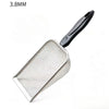 A silver mesh beach sand scoop with a black handle is shown against a white background.