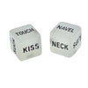 Two translucent glow-in-the-dark dice labeled TOUCH and KISS, and NAVEL and NECK.