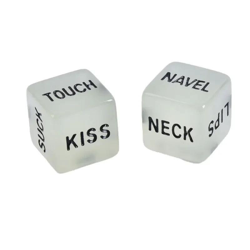 Two translucent glow-in-the-dark dice labeled TOUCH and KISS, and NAVEL and NECK.