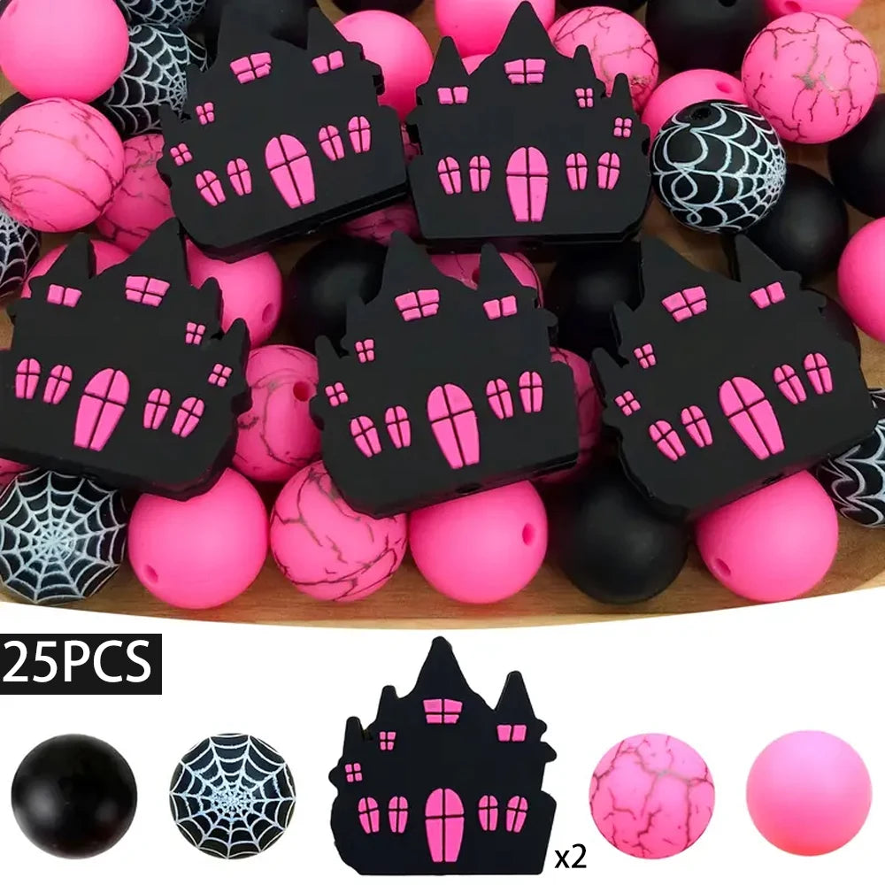 A set of 25 silicone beads in various shades of pink and black, shaped like houses, for jewelry and crafting.
