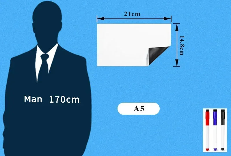 A diagram showing the dimensions of an A5 size magnetic dry erase board and a silhouette of a man.