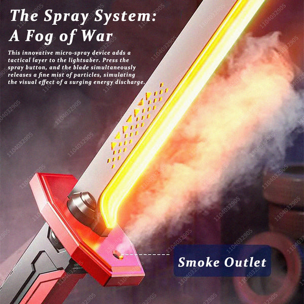 A close-up of a glowing light sword accessory with a smoke outlet, showing the spray system in action.