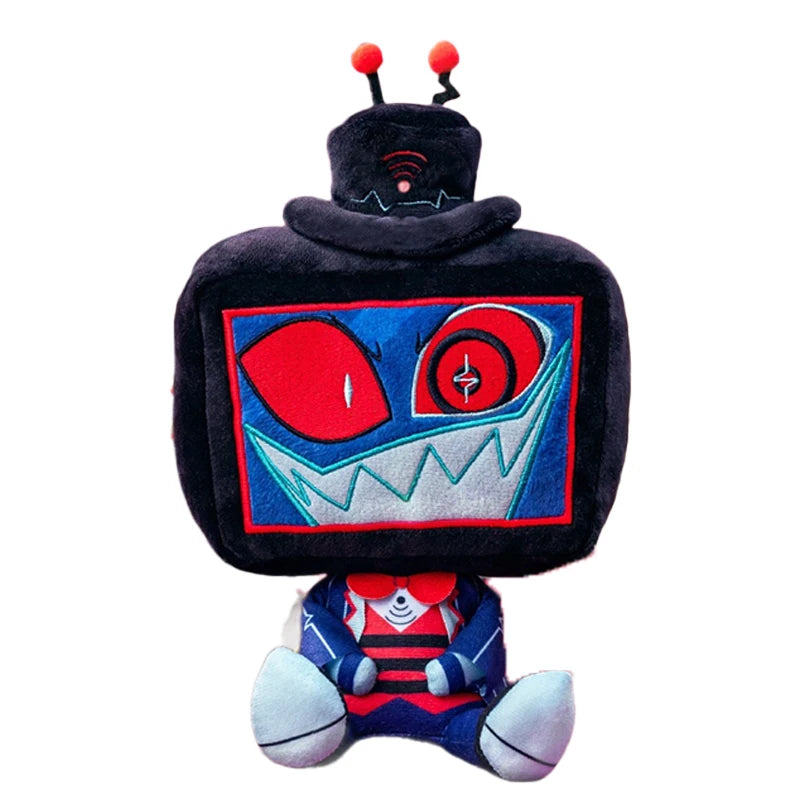 A plush doll of Vox from Hazbin Hotel featuring a black body, red eyes, and a stylized mouth design.