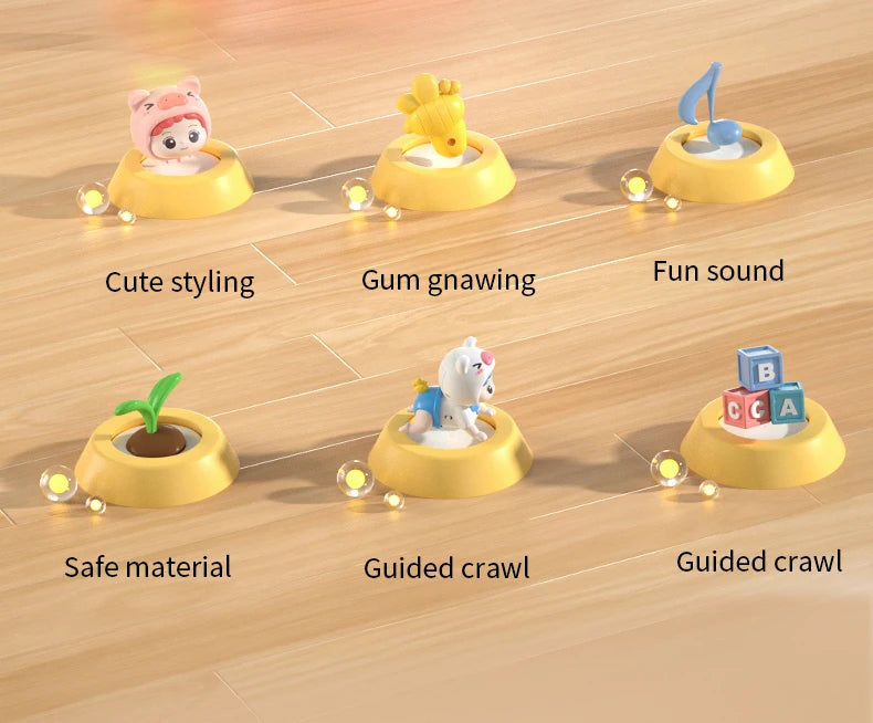 A yellow interactive baby crawling toy featuring various features like cute styling, gum gnawing, fun sound, safe material, g
