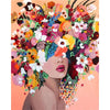 A woman's head is adorned with a vibrant, colorful floral arrangement created by paint by numbers.