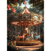 A detailed painting of a gilded carousel structure surrounded by lush greenery and flowers.