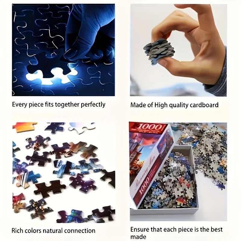 A hand holds a piece of an urban oil painting jigsaw puzzle, showing the quality and fit of the pieces.