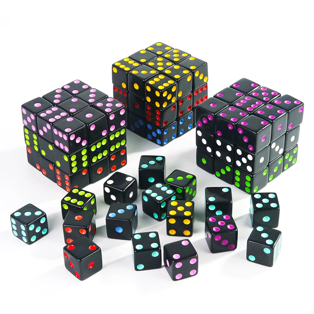 A set of 10 vibrant colored acrylic D6 dice cubes stacked in groups on a white surface.