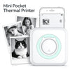 A mini pocket thermal printer is shown alongside printed photos and a smartphone displaying a photo.