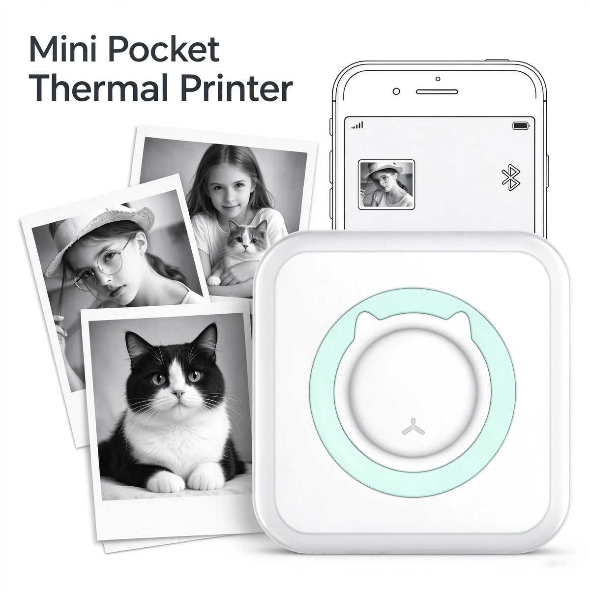 A mini pocket thermal printer is shown alongside printed photos and a smartphone displaying a photo.