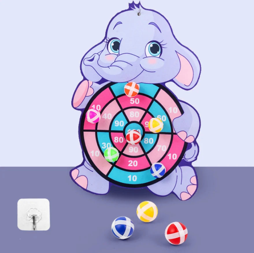 A purple cartoon elephant holding a circular dart board with colored sticky balls on a purple background.