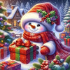 A cute, smiling snowman wearing a red hat and scarf sits surrounded by Christmas gifts and evergreen branches.