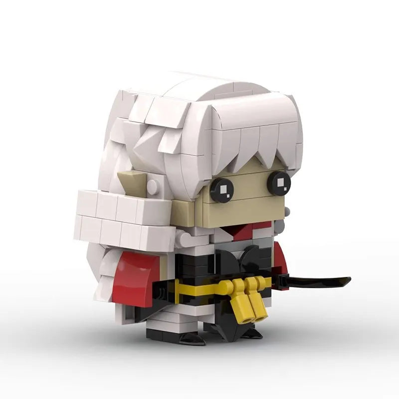 An anime-inspired collectible building block figure set featuring a character with white hair and dark features.