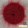 A close-up of deep red long-haired alpaca blend yarn with loose fibers, labeled as 13 and 6 pieces equal to 300g.