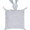 A soft gray muslin baby comforter blanket with bunny ears attached.