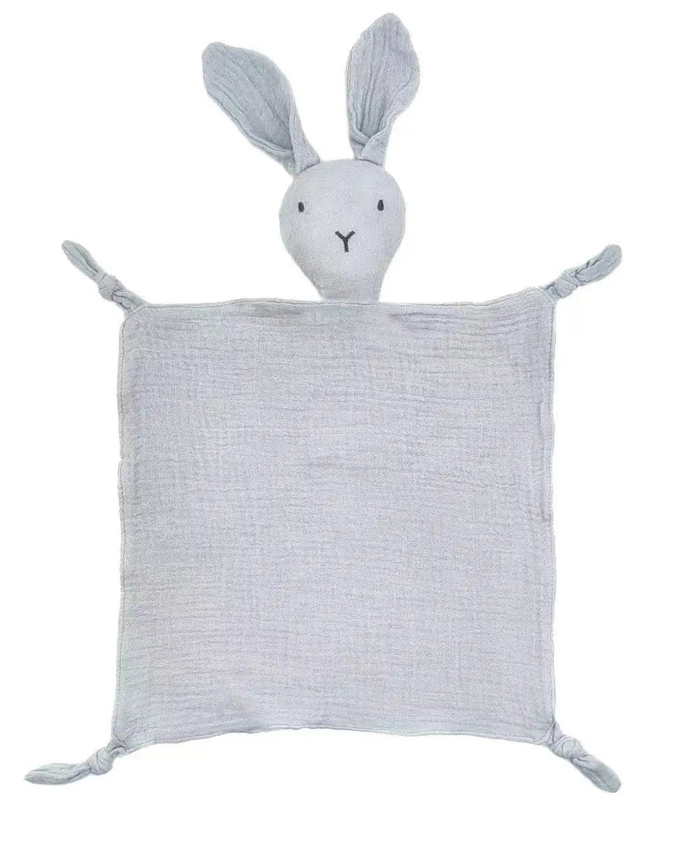 A soft gray muslin baby comforter blanket with bunny ears attached.