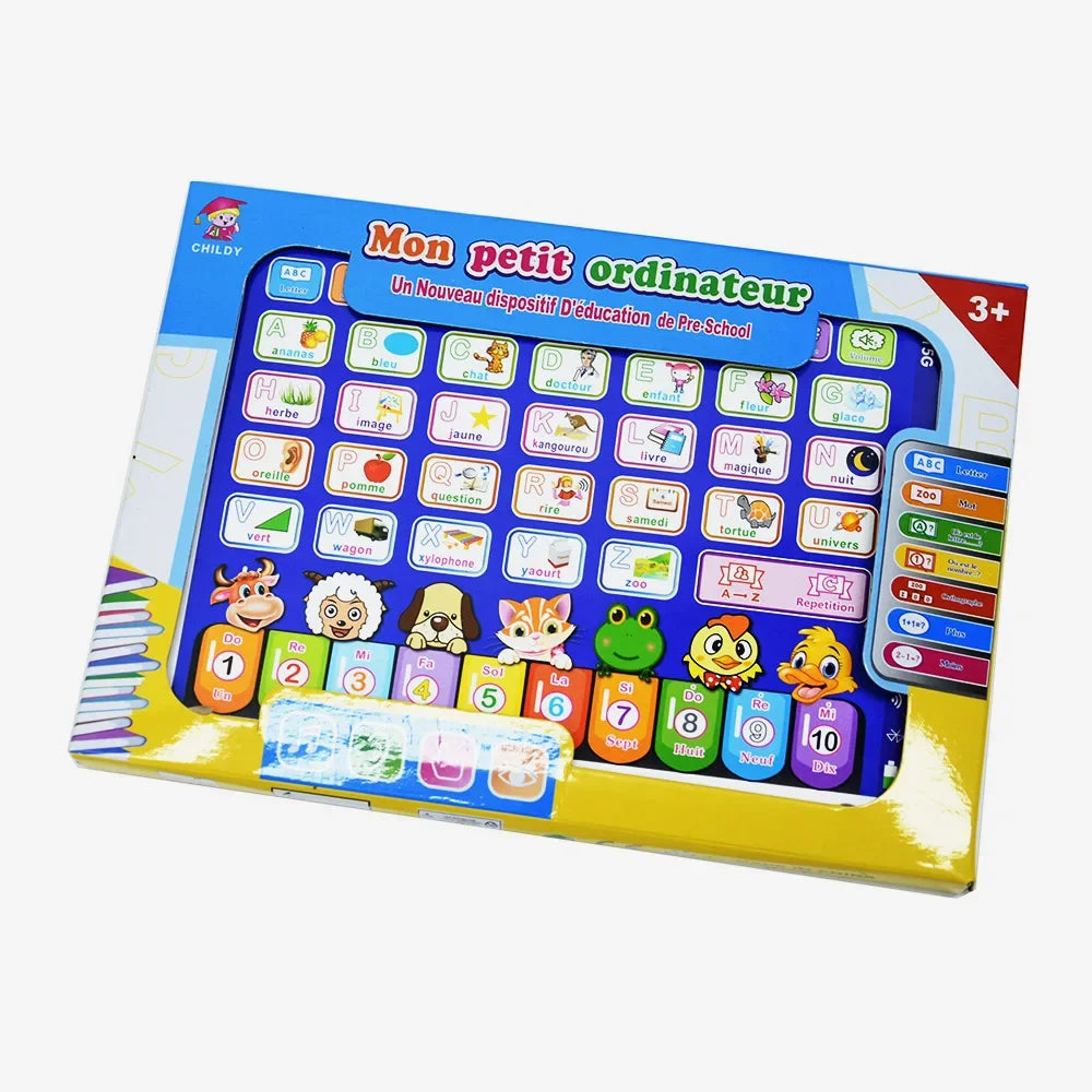A colorful educational tablet featuring various learning activities and characters for preschool children.