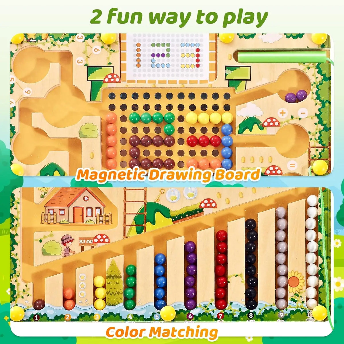 A wooden magnetic drawing board for toddlers featuring a maze and color matching activities.