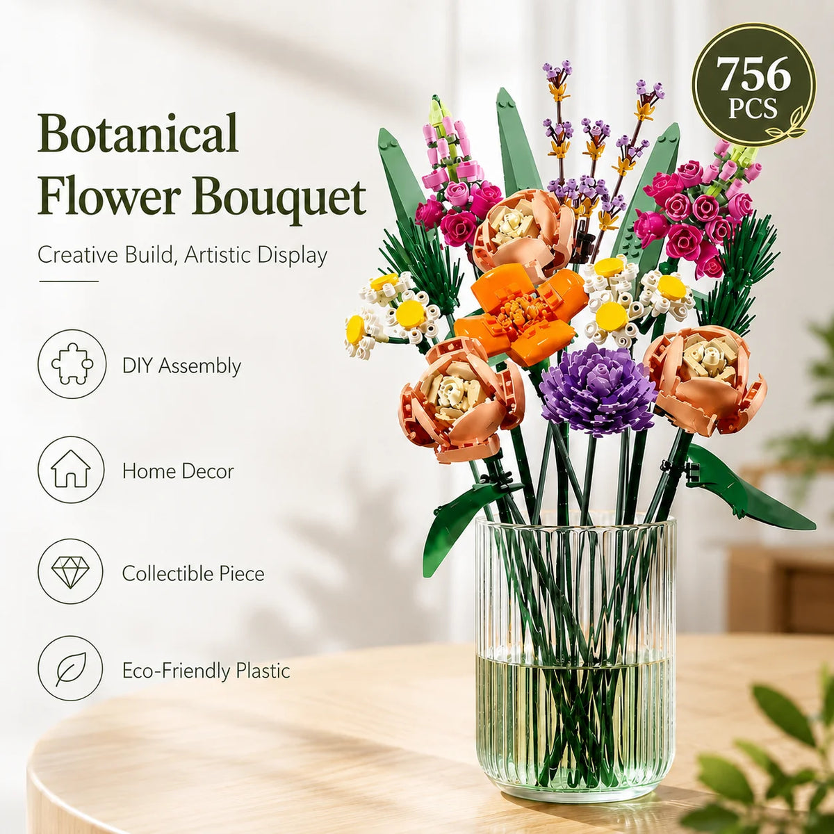 A bouquet of artificial flowers in various colors and textures displayed in a glass vase.