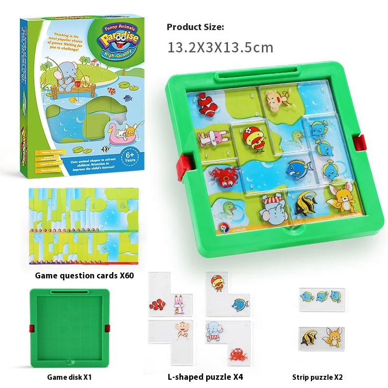 A set of animal park slide puzzles including a box, game cards, and puzzle pieces.
