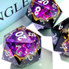 A handmade resin D20 die with a large blue and purple liquid swirl inside.