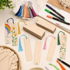 A collection of blank wooden bookmarks with colorful tassels arranged on a white background.