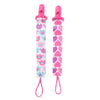 Set of four soft pacifier clips with double-sided prints for babies in pink and blue