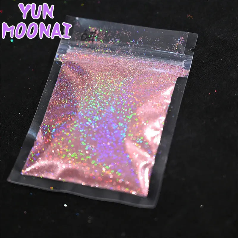 A small plastic bag of pink holographic rainbow nail glitter fine sparkle dust for DIY nail art