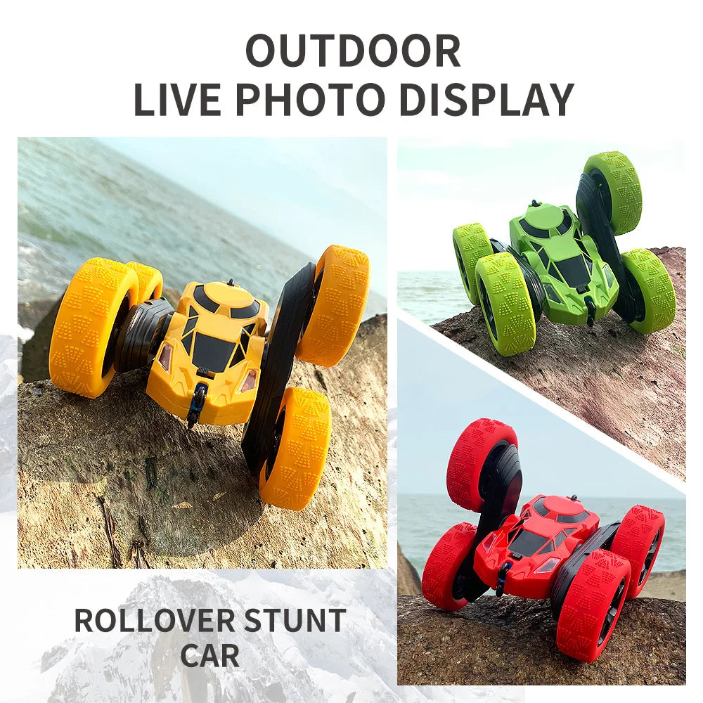 Outdoor live photo display of a yellow and black rollover stunt car with orange wheels on a rock.