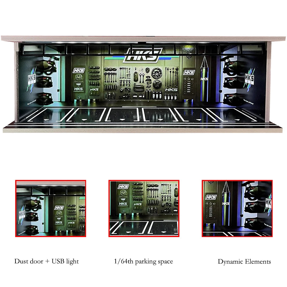 1:64 Scale Car Garage Diorama with USB LED Lighting