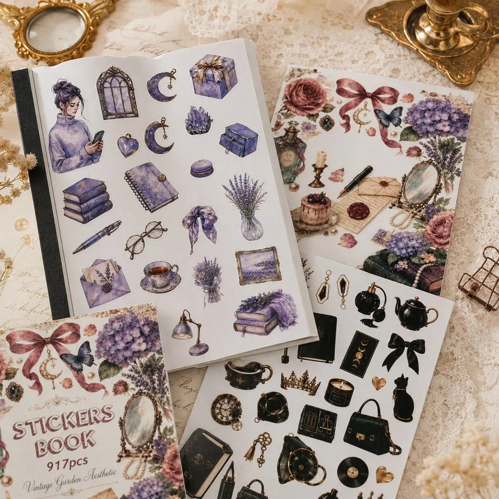 A collection of vintage scrapbook stickers, including floral elements, jewelry, and gothic motifs, displayed on a white page.