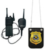 A black police costume accessory set featuring a walkie-talkie and a gold badge on a black strap.