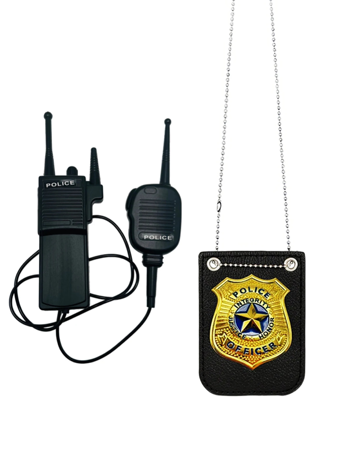 A black police costume accessory set featuring a walkie-talkie and a gold badge on a black strap.
