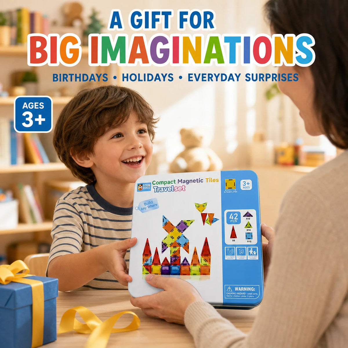 A child is playing with a compact magnetic tiles travel set while an adult observes the colorful building blocks.