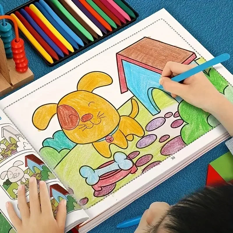 A child is drawing a yellow dog on a colorful page in a kids drawing and coloring book.