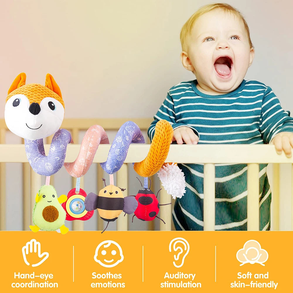 A baby is interacting with a spiral sensory rattle toy, demonstrating hand-eye coordination and soothing emotions.