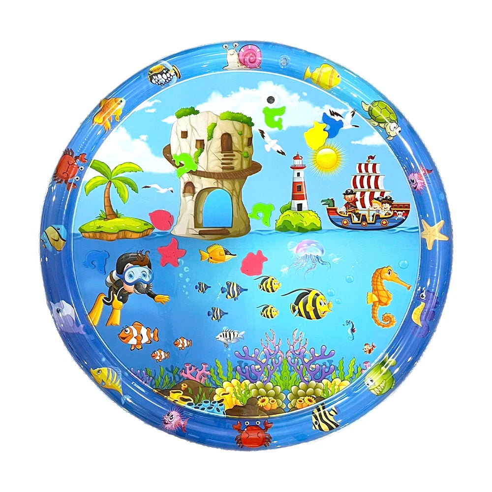 A colorful circular baby water play mat featuring sea animals, plants, and learning elements.