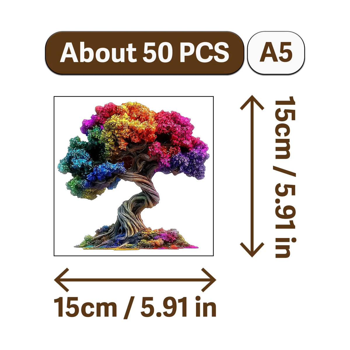 A wooden jigsaw puzzle depicting a vibrant tree with colorful foliage, measuring about 15cm by 15cm.