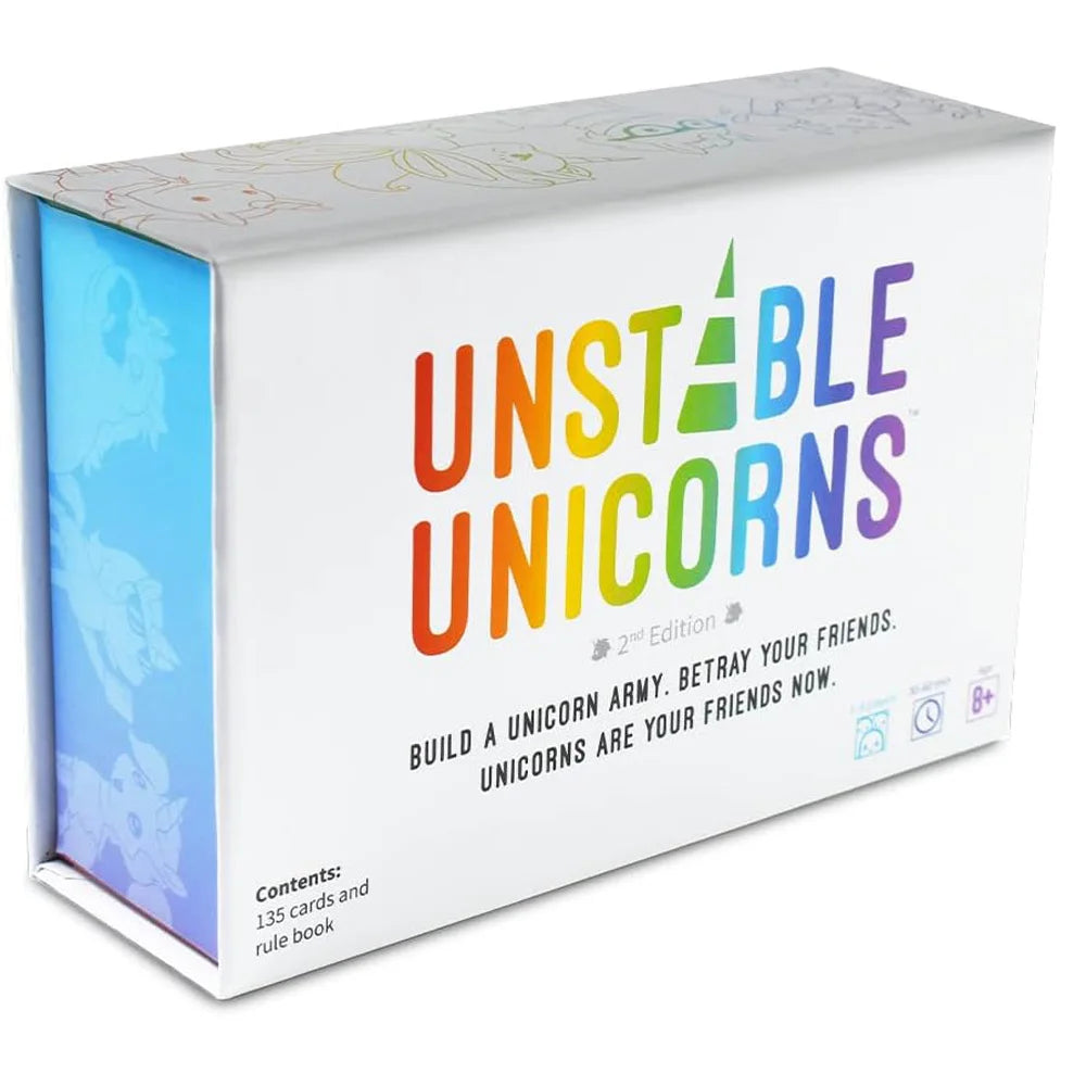 Box of Unstable Unicorns card game featuring colorful artwork and text